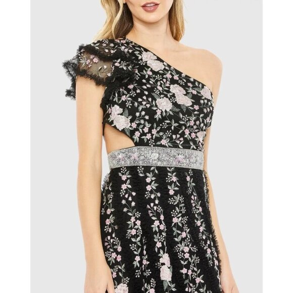 New Mac Duggal Size 4 Black Floral Embroidered Ruffle One Shoulder Lace Up Gown - Picture 3 of 11